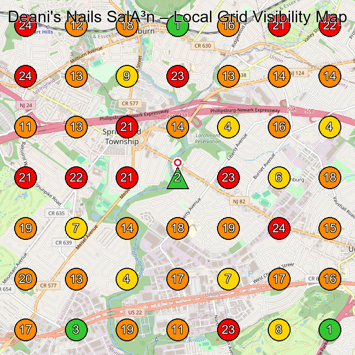 Deani's Nails SalA³n Sala³N De Manicura Y Pedicura GeoGrid ranking map for Union NJ